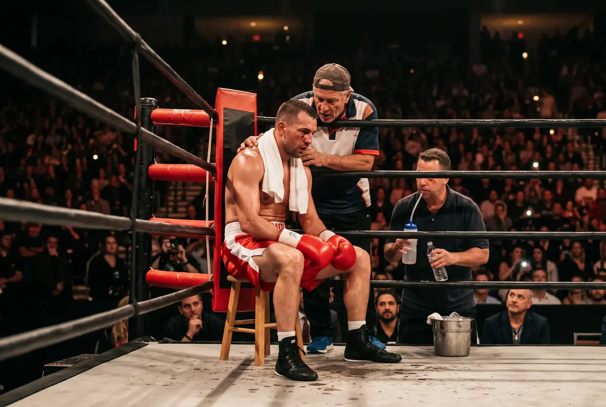 Boxeador profesional sentado en el rincón durante el descanso entre asaltos mientras su entrenador le habla en un combate nocturno