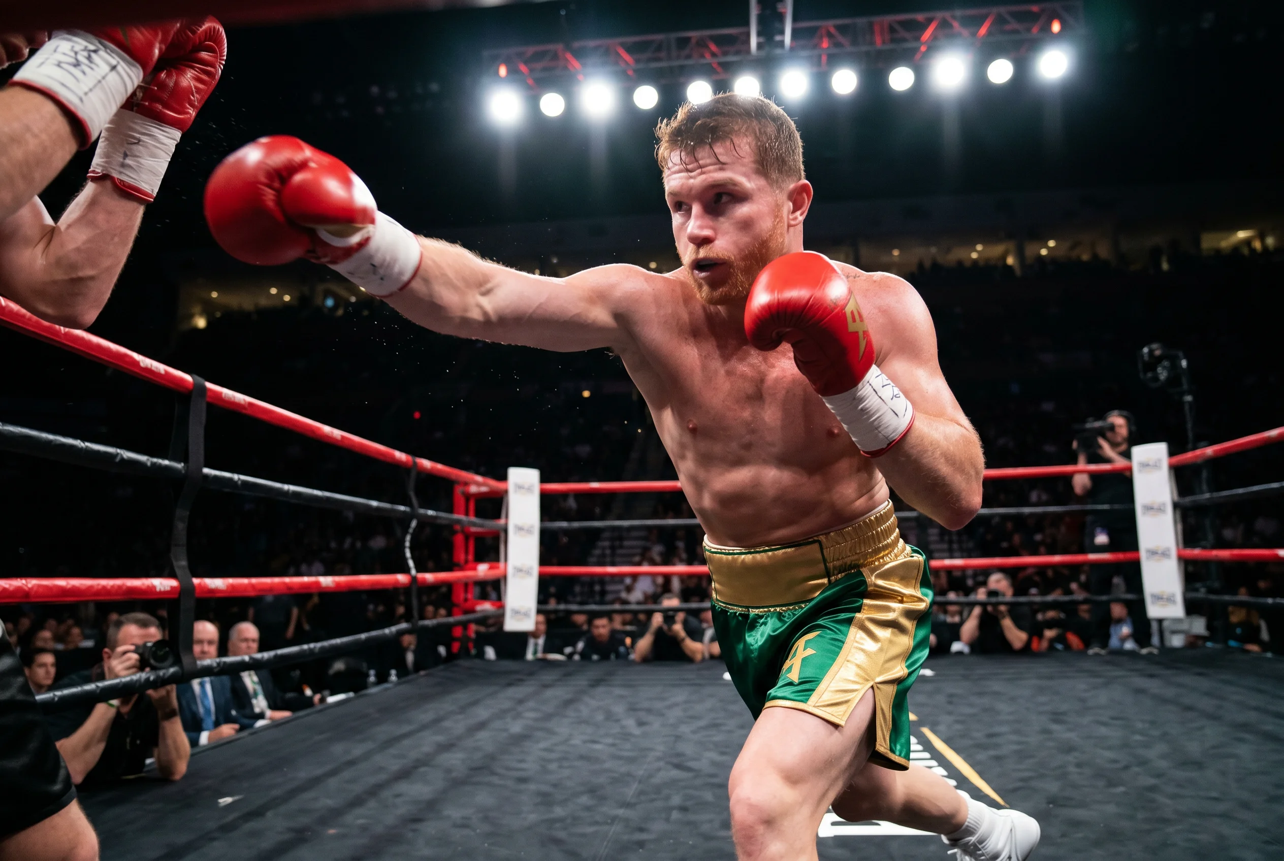 Boxeador profesional pelirrojo con guantes rojos lanzando un gancho de izquierda en el ring