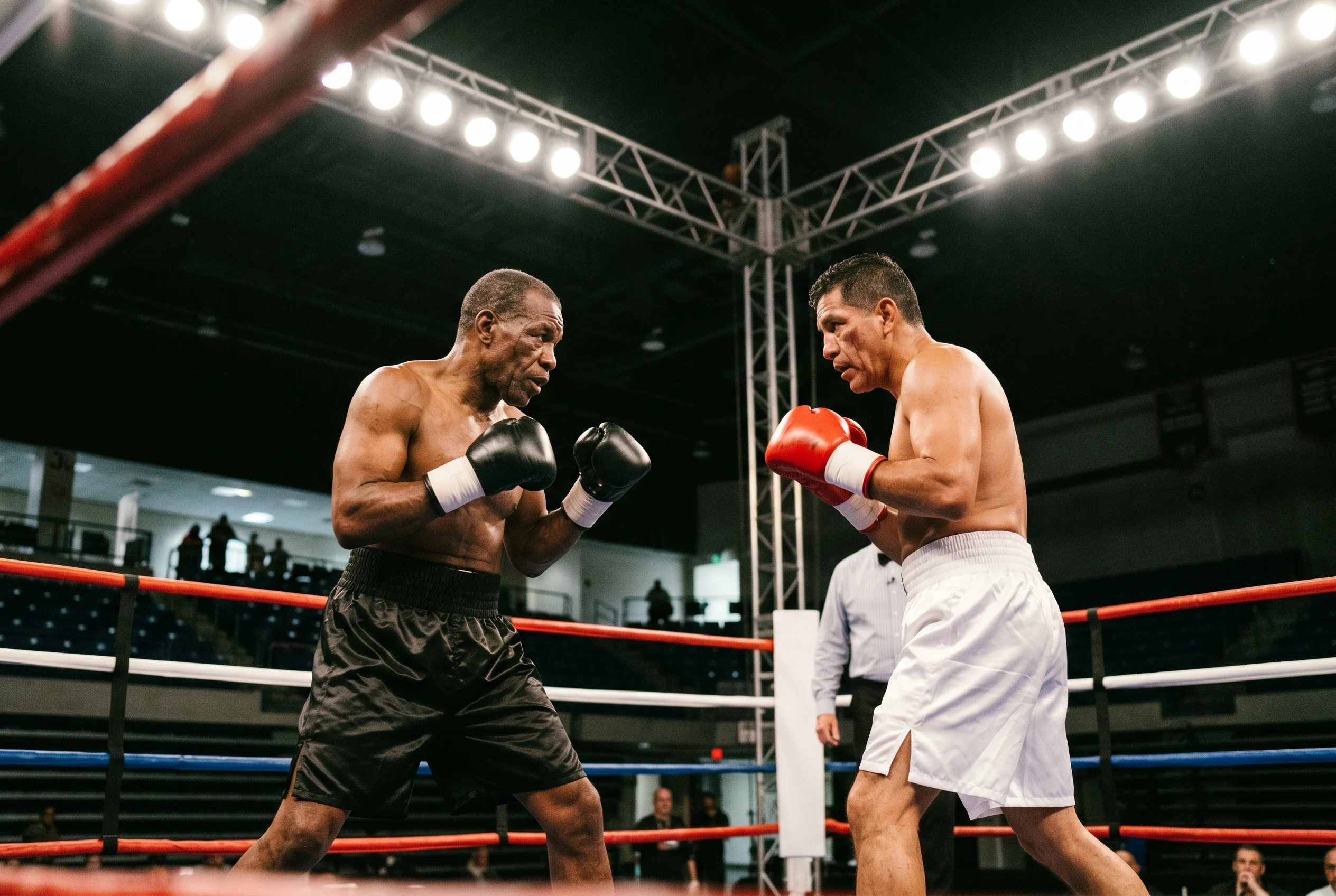 Dos boxeadores veteranos en posiciones de guardia opuestas dentro de un ring profesional