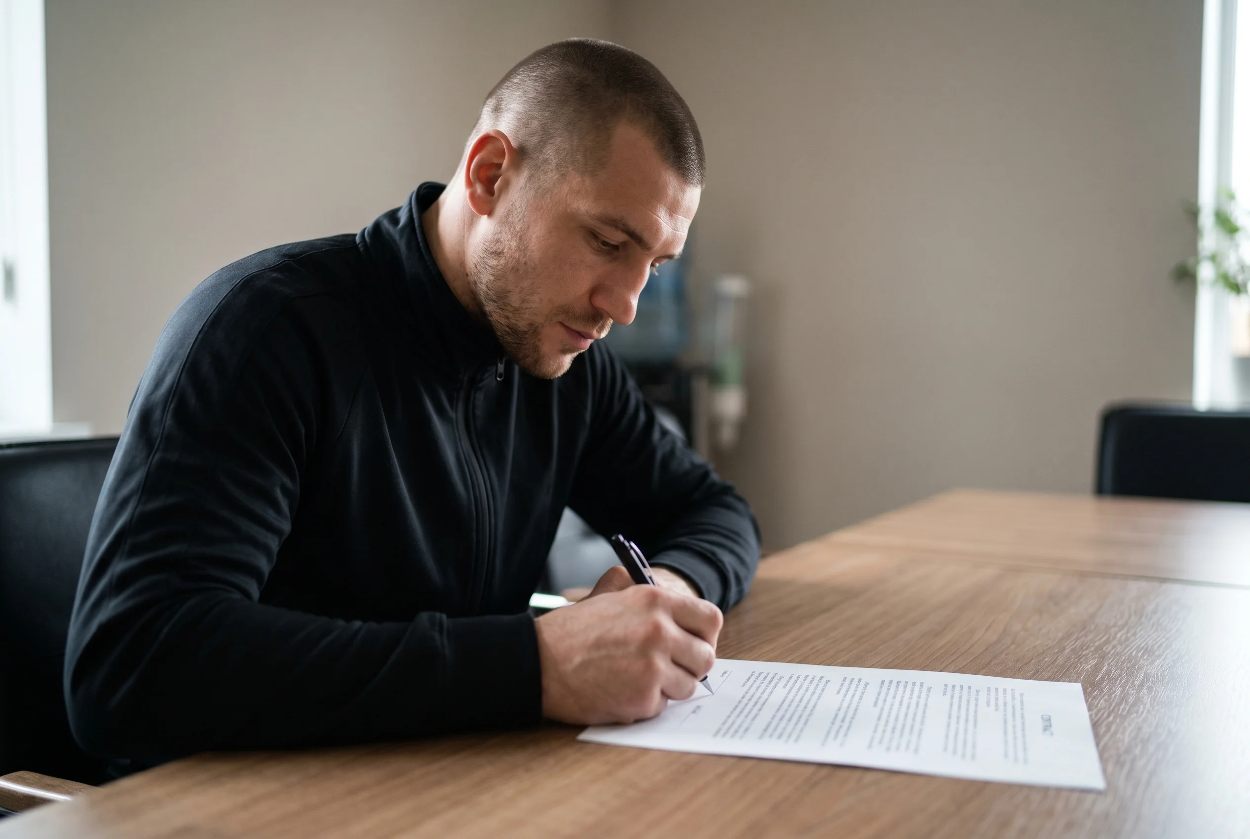 Boxeador profesional firmando un contrato de combate sobre la mesa en una sala reunión