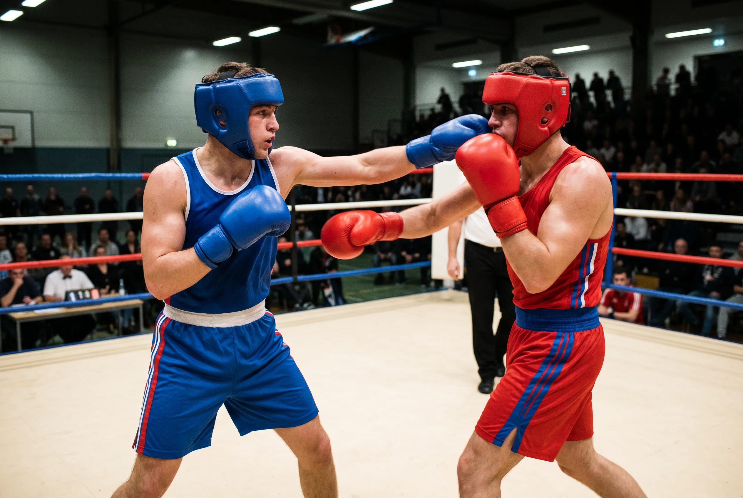Dos boxeadores amateur con casco protector y camiseta de tirantes combatiendo en un ring olímpico