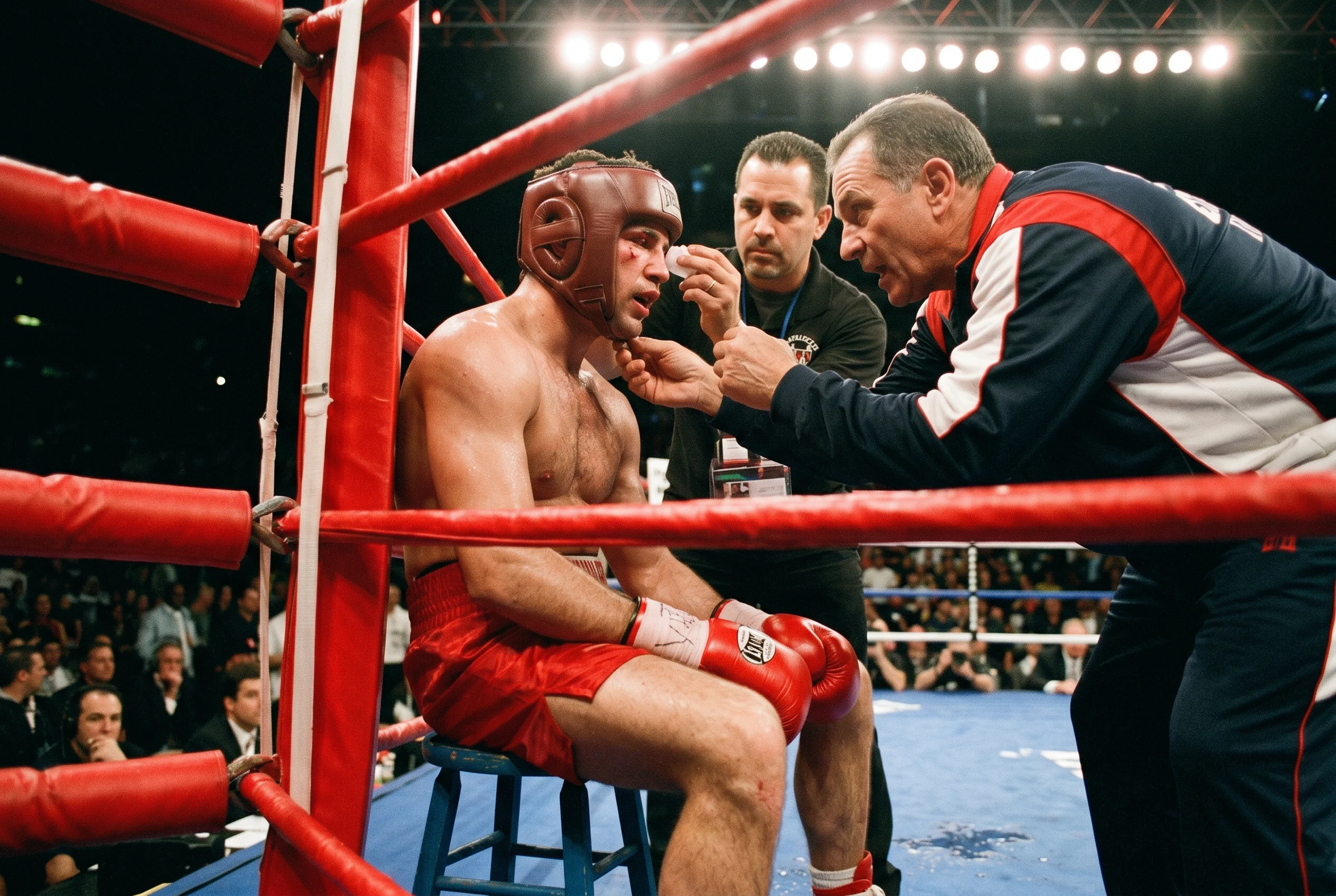 Boxeador sentado en su esquina entre asaltos mientras su entrenador le habla de cerca