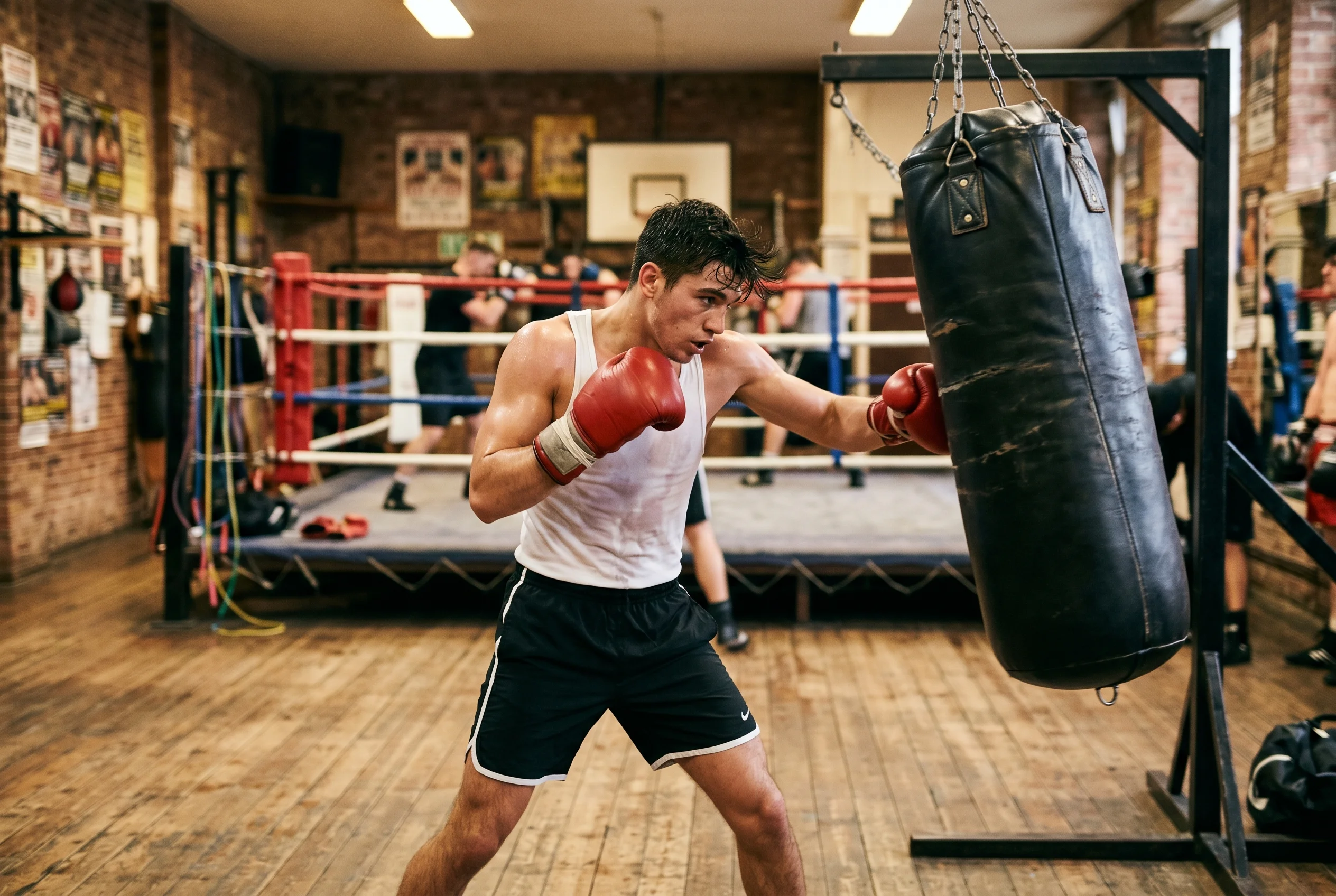 Boxeador novato entrenando con saco pesado en un gimnasio de boxeo
