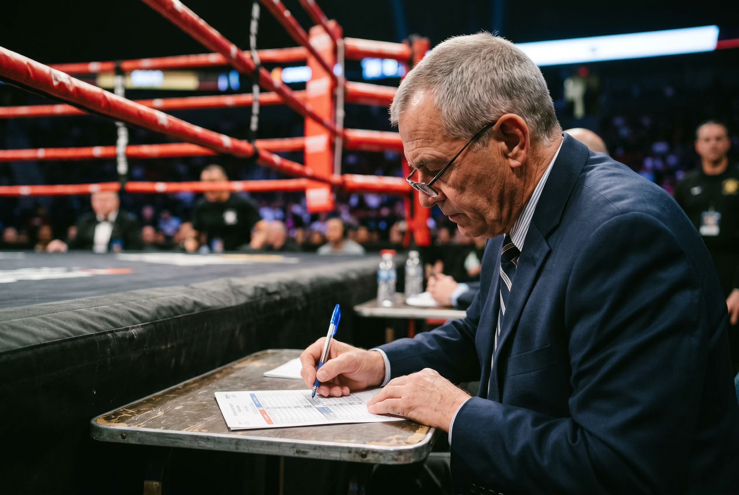 Juez de boxeo sentado en la mesa de puntuación a pie de ring con su tarjeta y bolígrafo