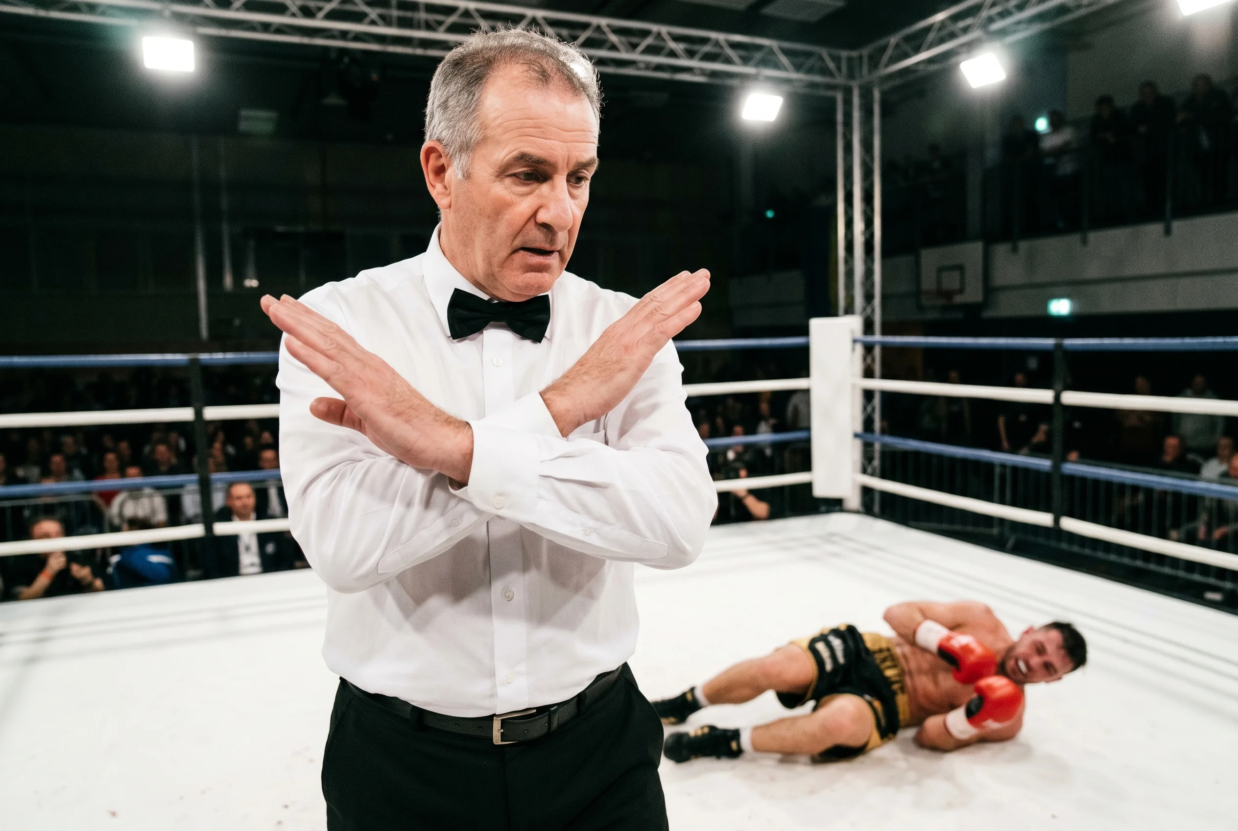 Árbitro de boxeo con camisa blanca deteniendo un combate con las dos manos levantadas