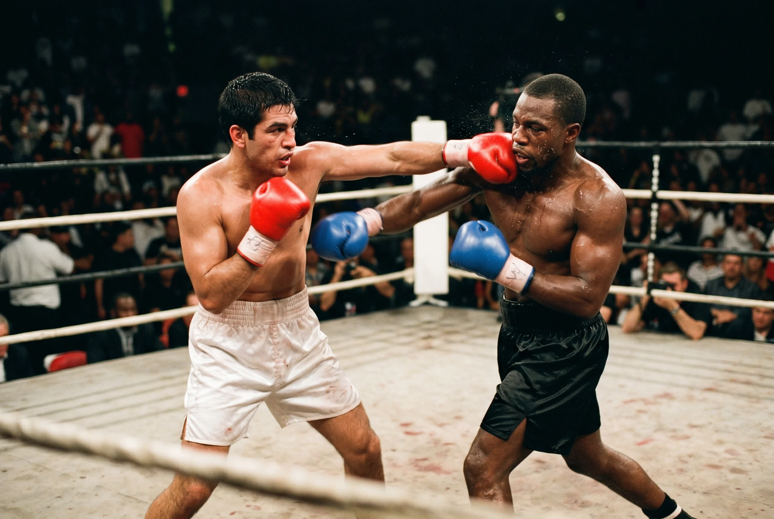 Dos boxeadores profesionales intercambiando golpes en el centro del ring durante un combate intenso