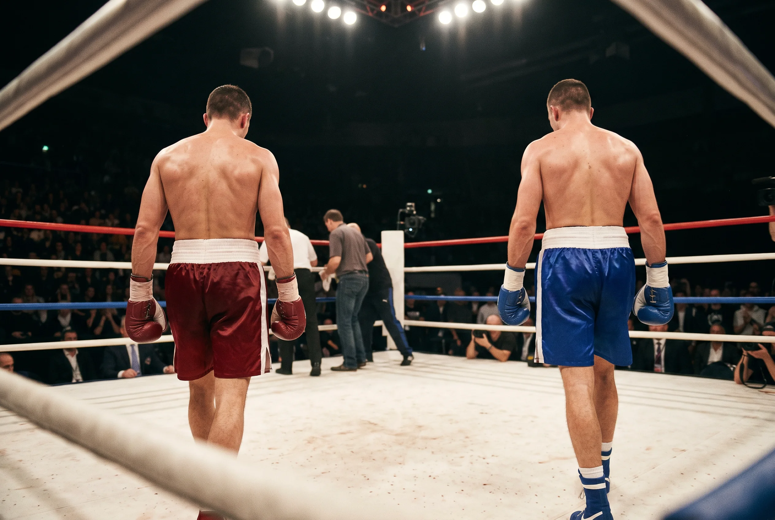 Dos boxeadores de espaldas caminando hacia esquinas opuestas del ring al finalizar un asalto