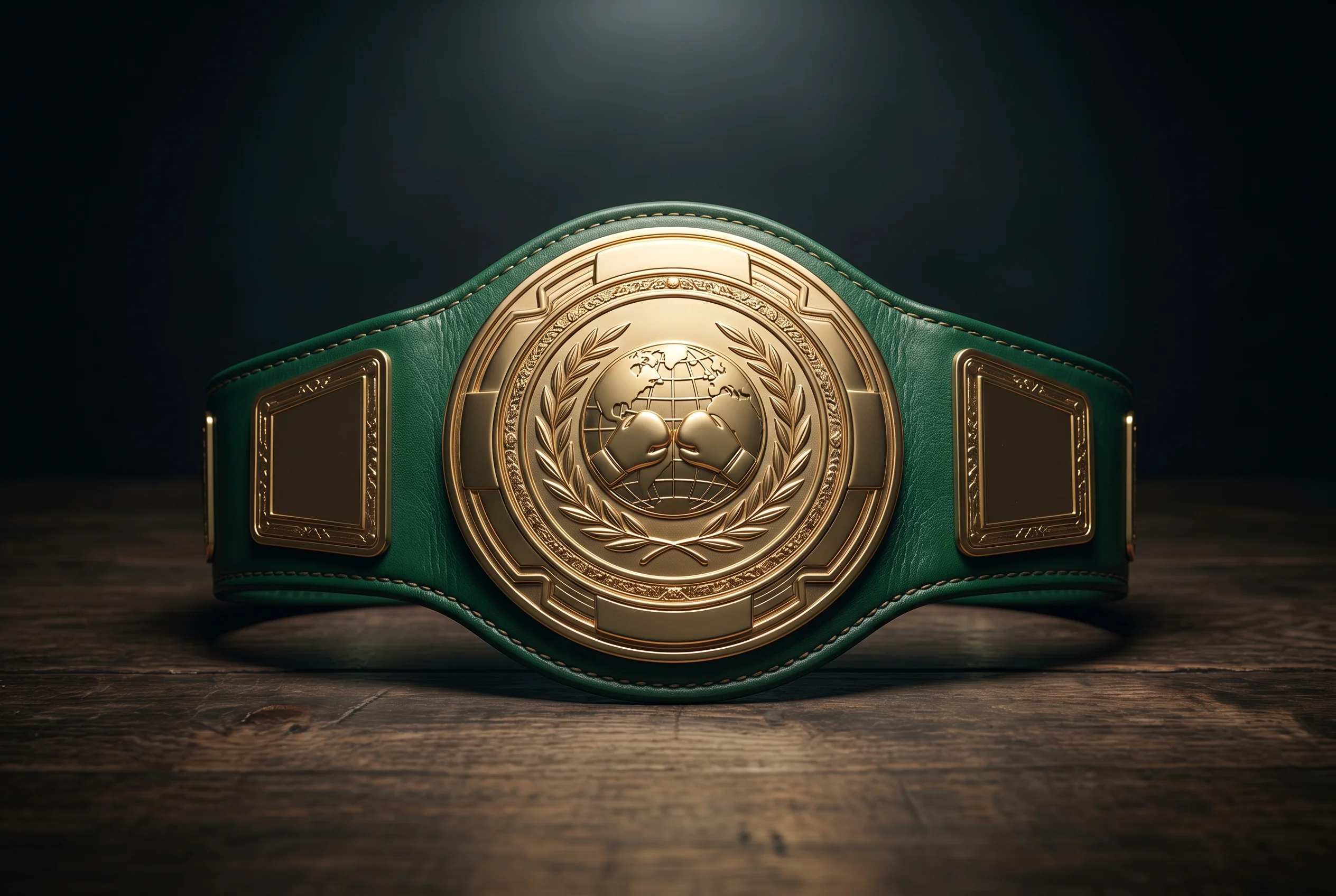 Cinturón de campeonato mundial de boxeo sobre una mesa con iluminación cenital