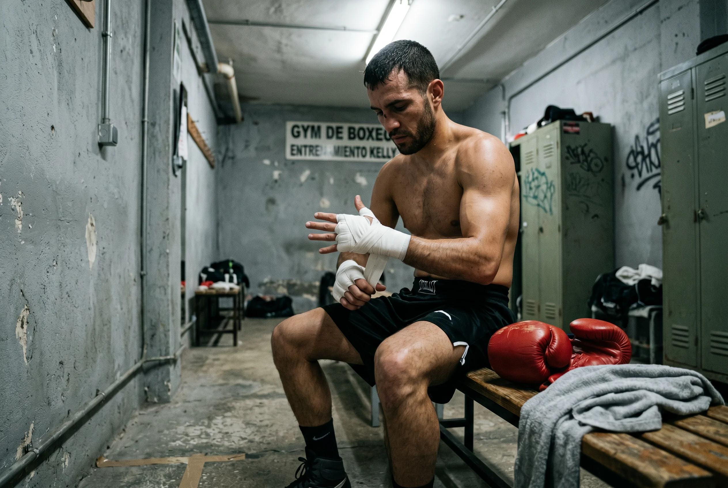 Boxeador profesional vendándose las manos antes de un combate en el vestuario
