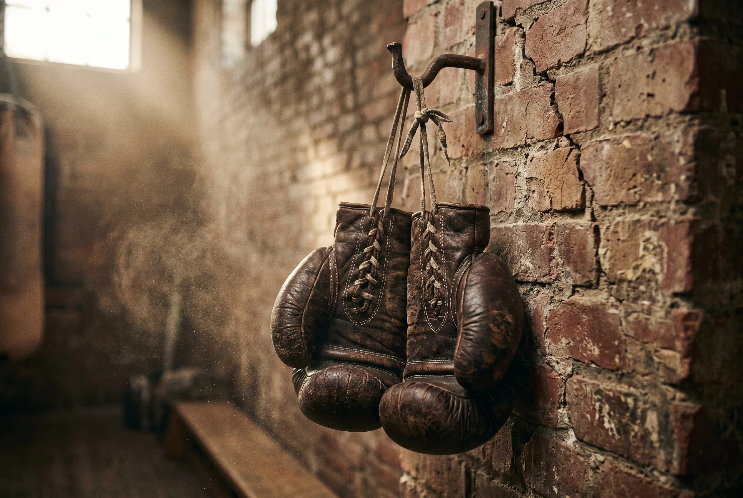 Guantes de boxeo de cuero envejecidos colgados de un gancho en un gimnasio antiguo