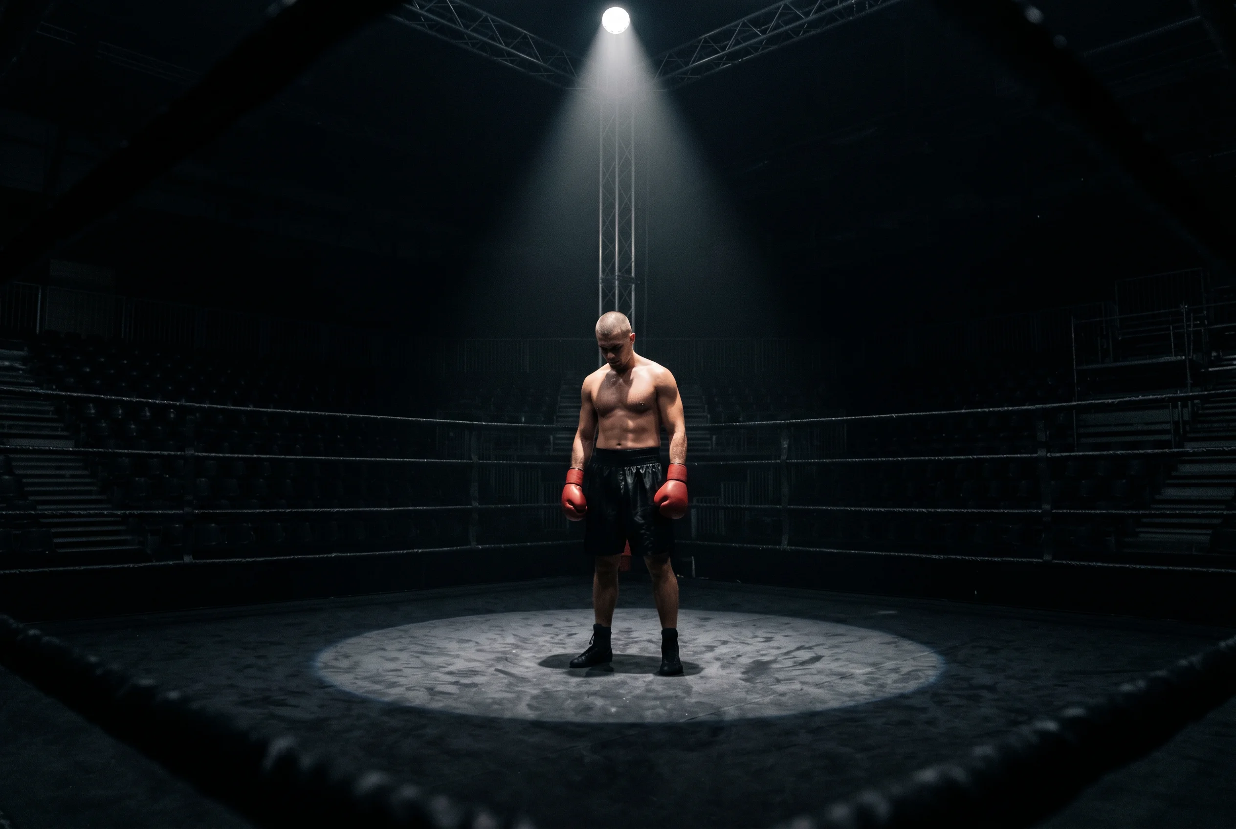 Boxeador solitario en el centro del ring oscuro iluminado por un foco cenital