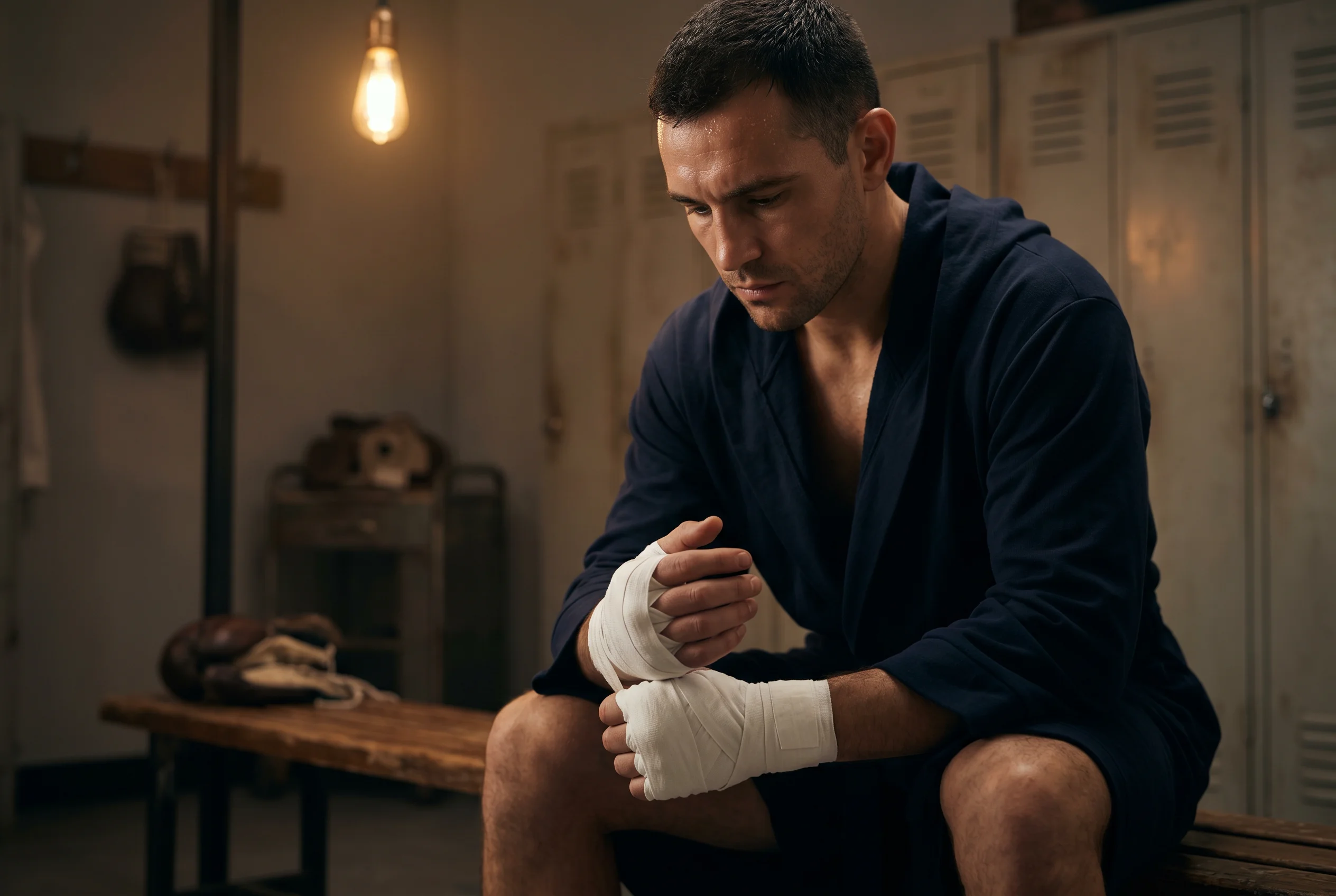 Boxeador profesional concentrado antes de subir al ring en señal de integridad deportiva