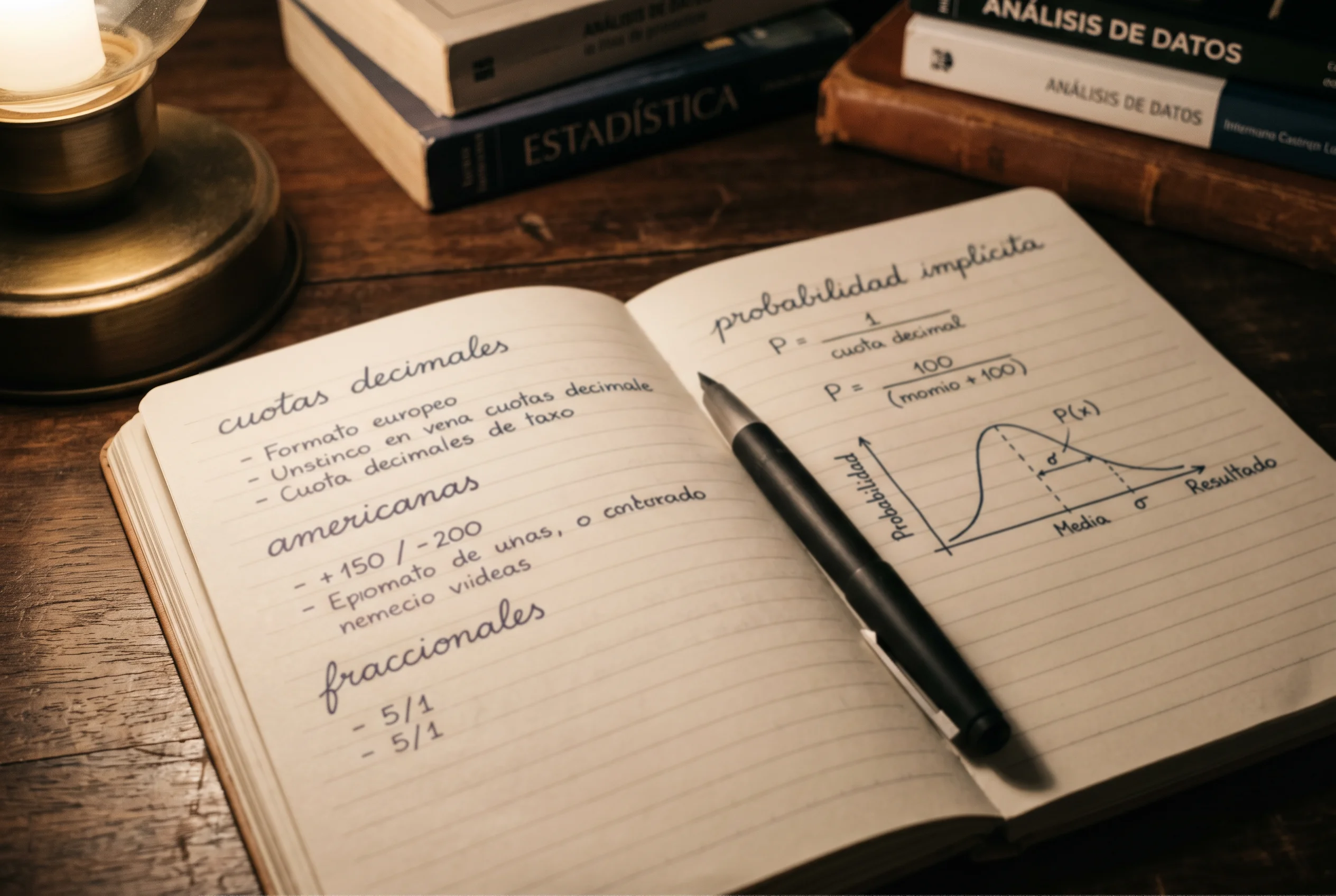Cuaderno de notas con anotaciones sobre formatos de cuotas decimales americanas y fraccionales