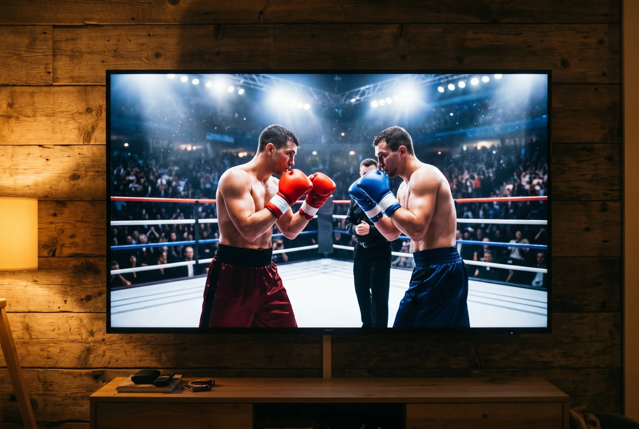 Pantalla de televisor mostrando dos boxeadores profesionales enfrentados antes de un combate