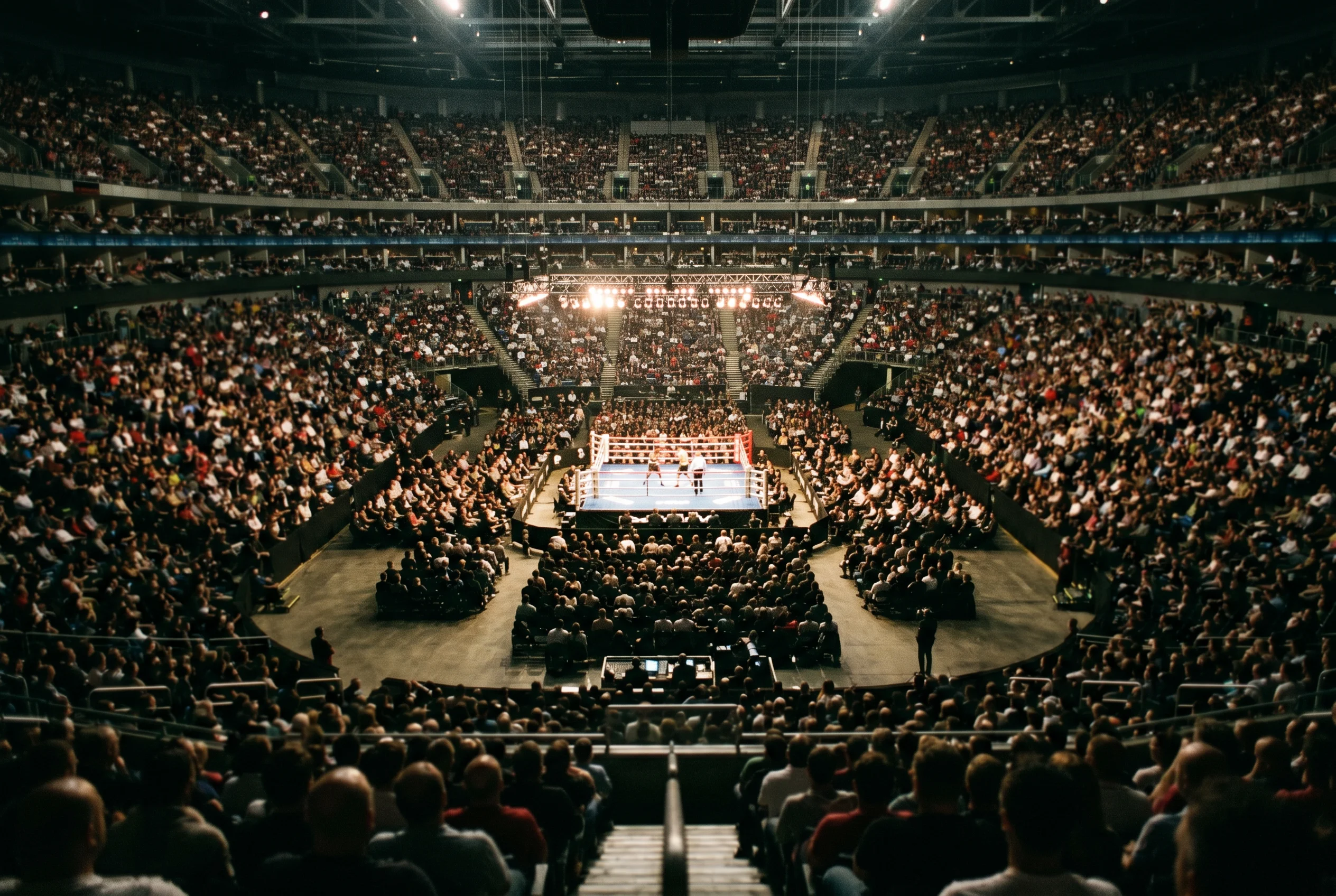 Gran pabellón deportivo repleto de aficionados iluminado durante una velada de boxeo