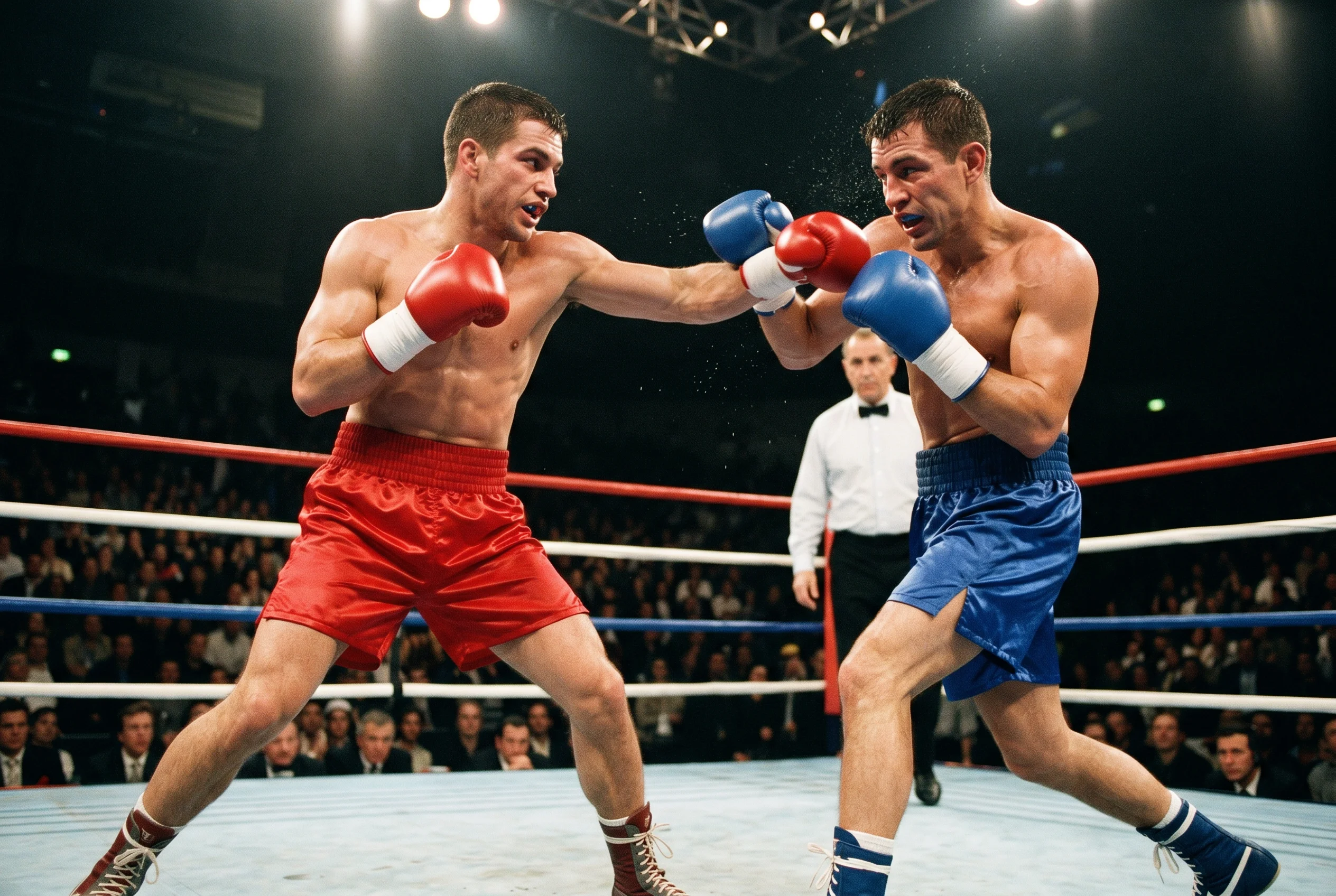 Combate de boxeo profesional en el ring iluminado durante una velada