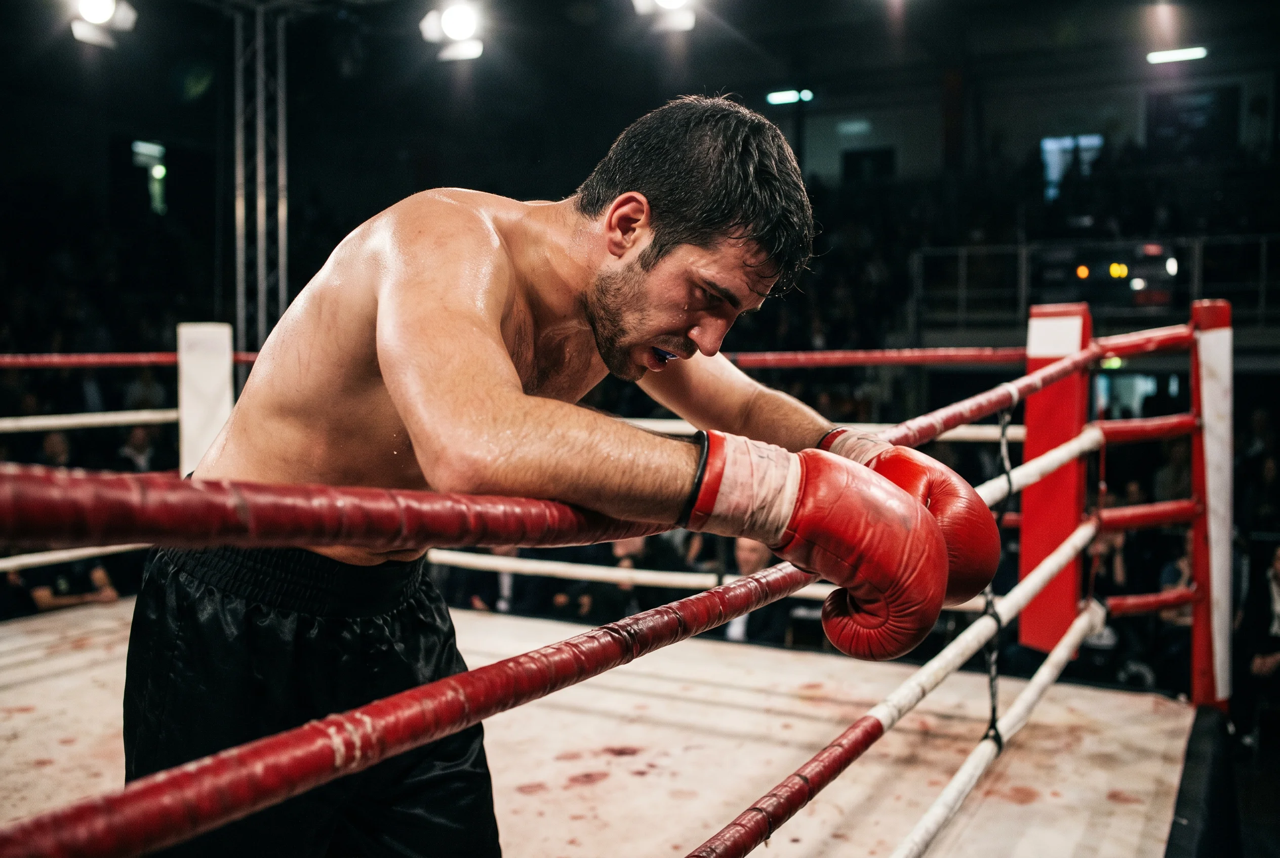 Boxeador profesional apoyado en las cuerdas del ring con expresión de preocupación
