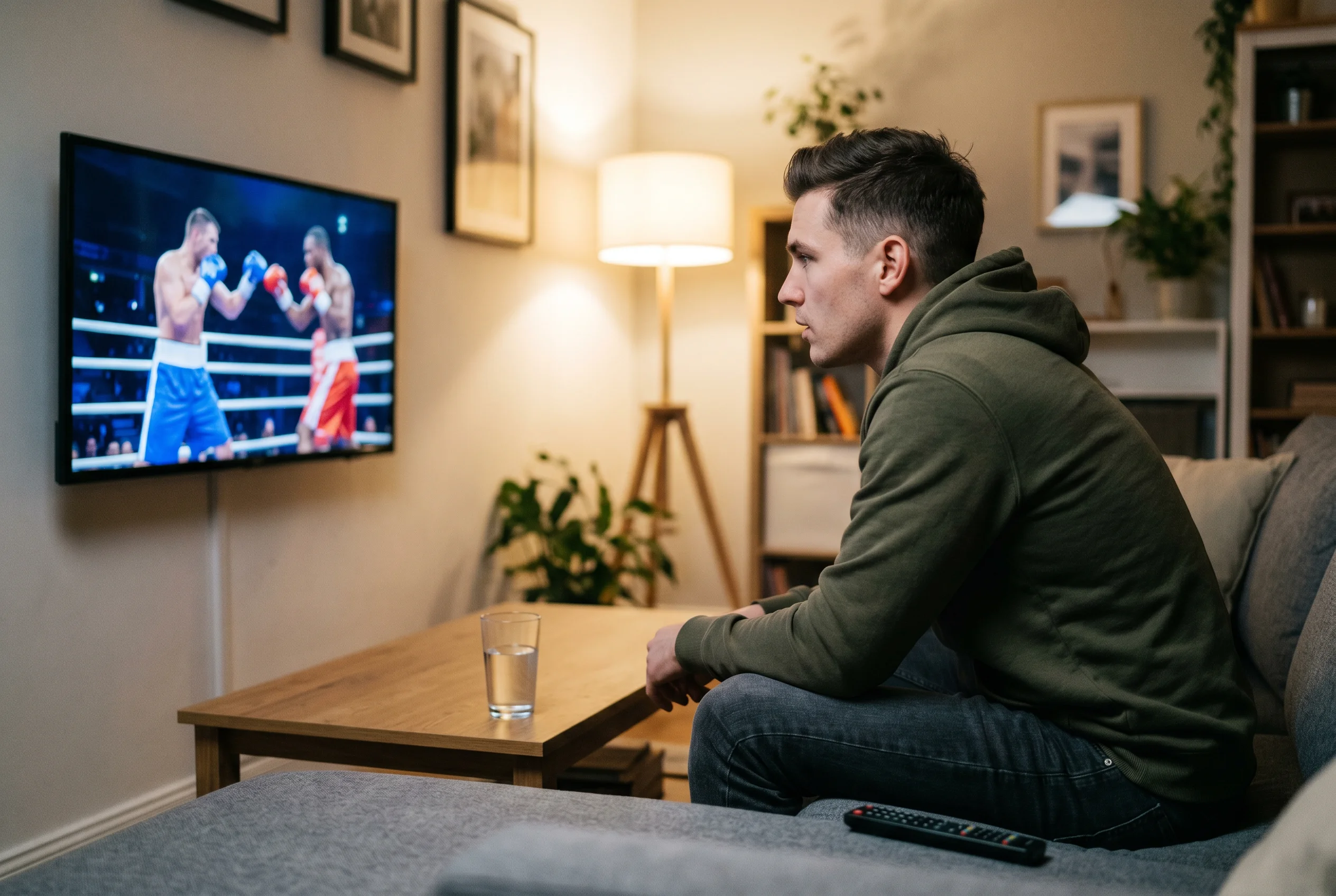 Aficionado joven al boxeo viendo un combate por televisión en el salón de su casa