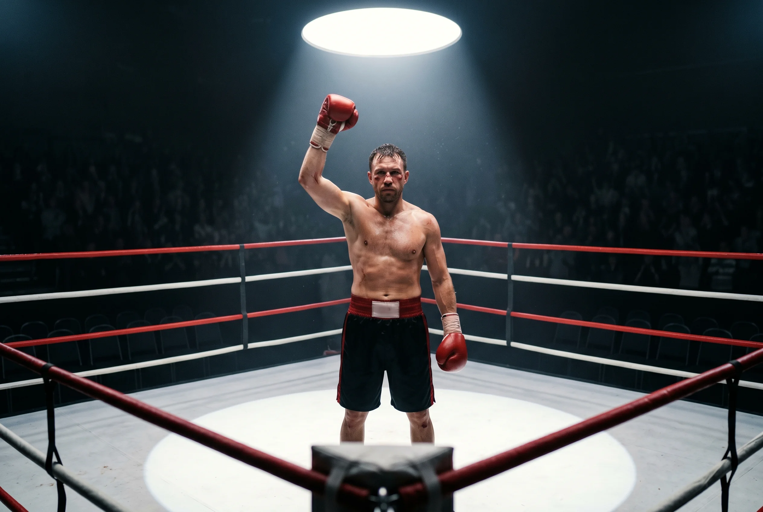 Boxeador profesional levantando el puño enguantado en el centro del ring iluminado