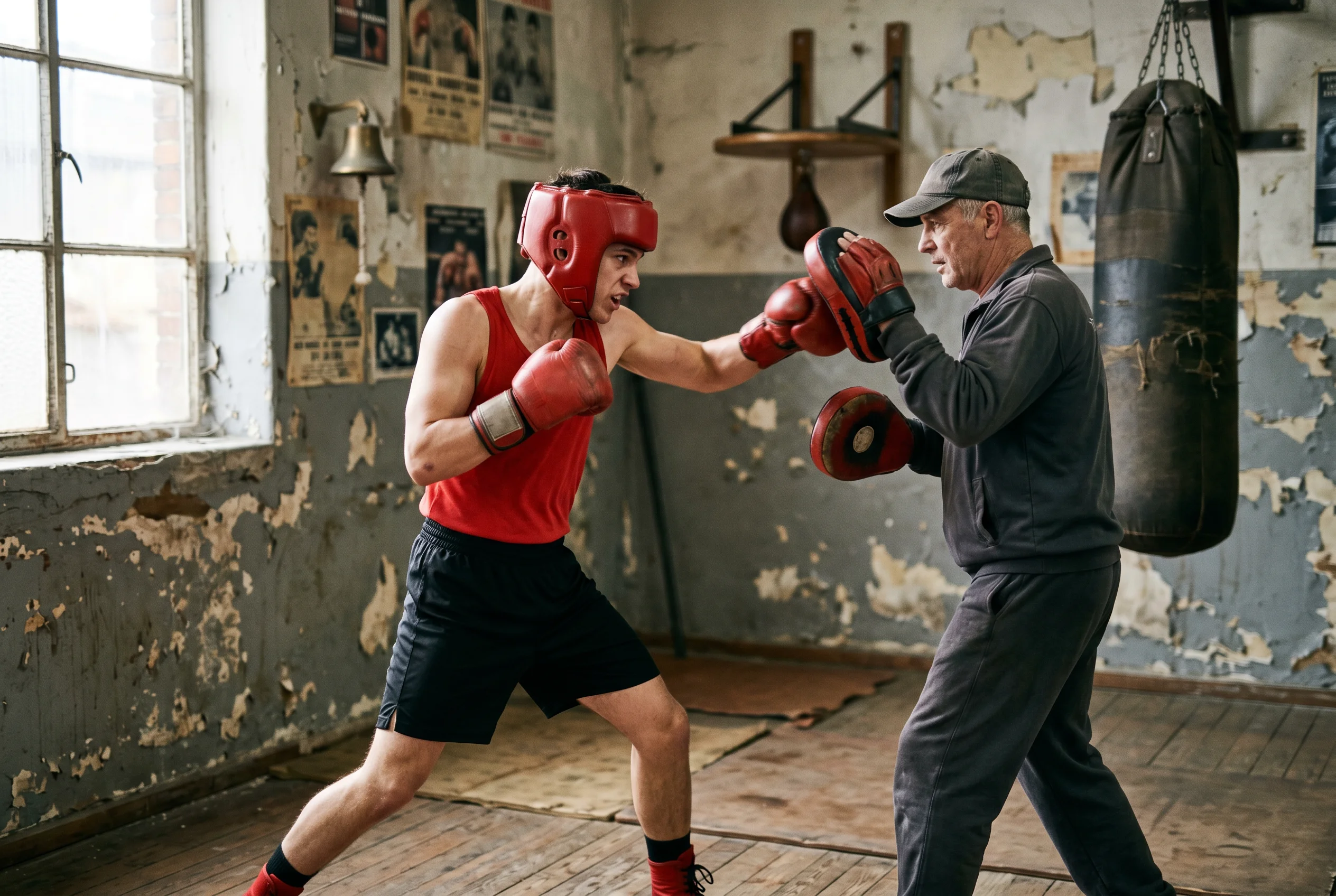 Boxeador amateur español con casco protector entrenando con manoplas en un club de boxeo