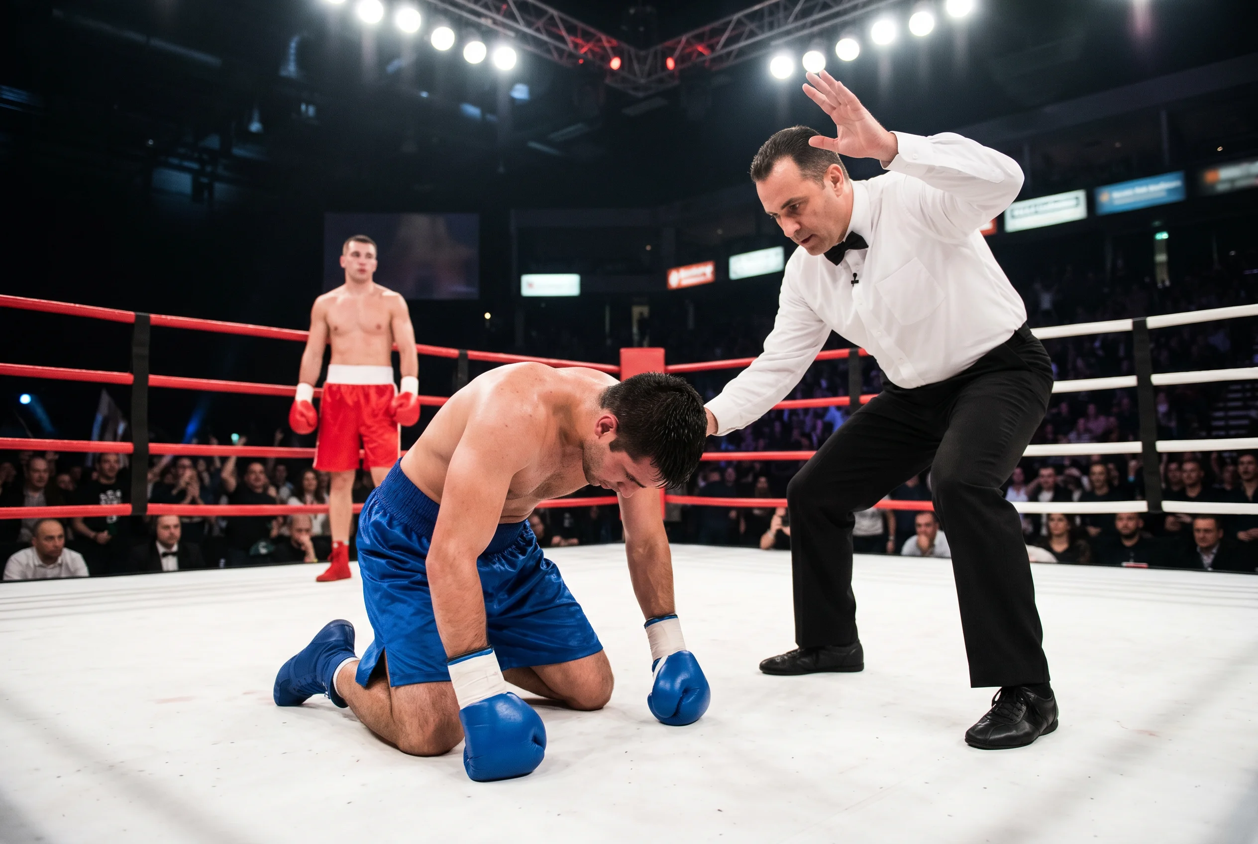 Boxeador cayendo de rodillas tras recibir un nocaut limpio mientras el árbitro inicia la cuenta