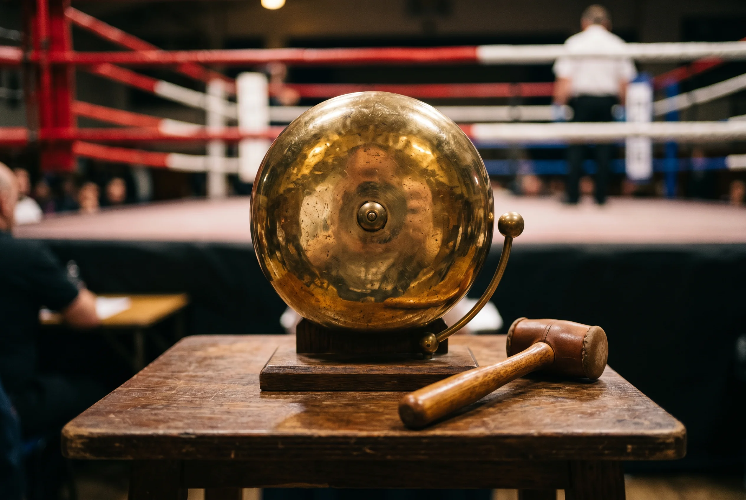 Gong de boxeo metálico con mazo apoyado en la mesa de la esquina del ring
