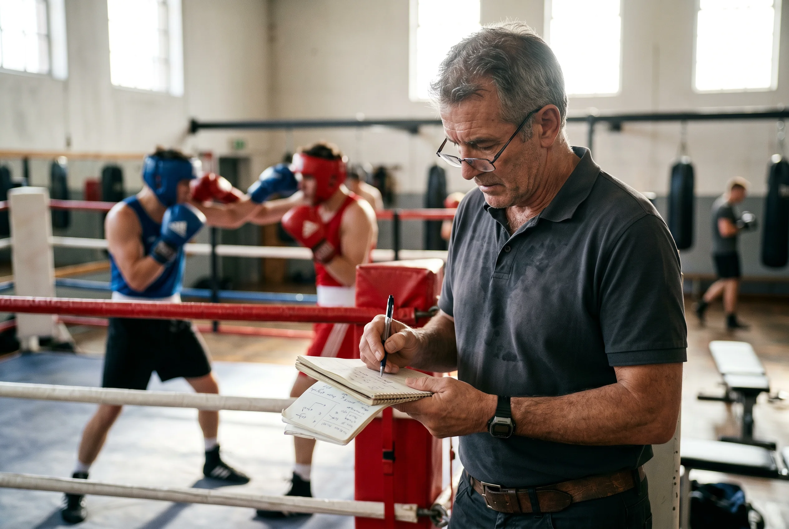 Entrenador de boxeo anotando en una libreta junto al ring durante un entrenamiento